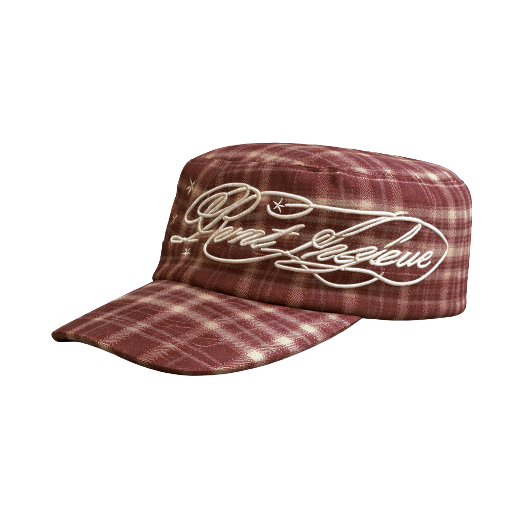 Plaid Embroidered Cadet Cap in Burgundy