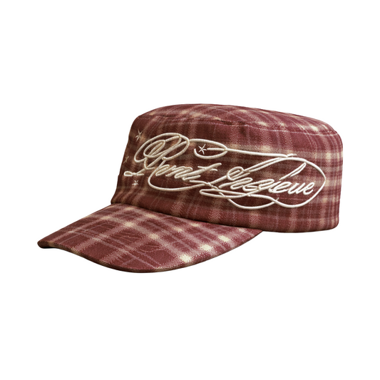 Plaid Embroidered Cadet Cap in Burgundy