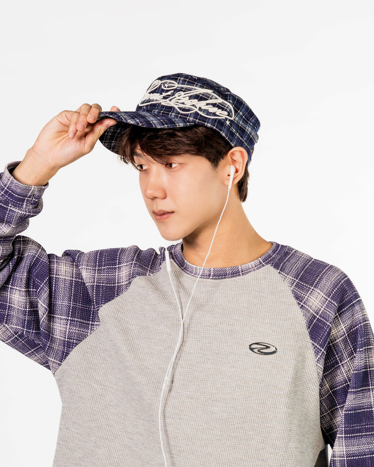 Plaid Embroidered Cadet Cap in Navy Blue