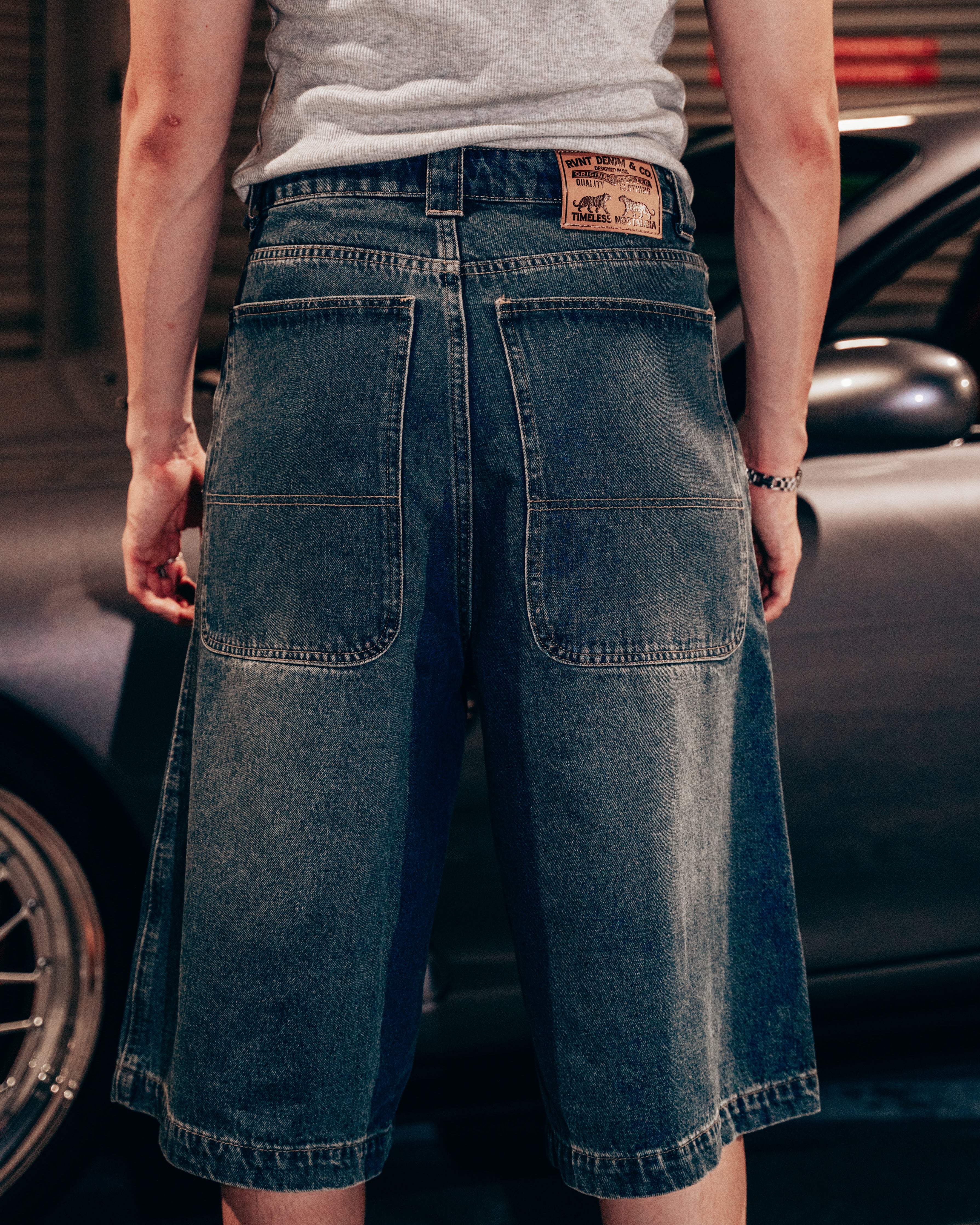 BAGGY DENIM JORTS in Mid Blue – RVNT ARCHIVE