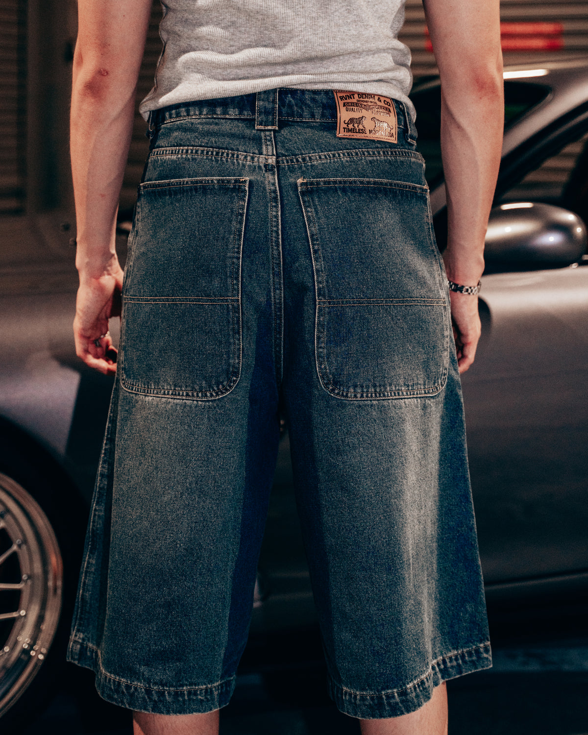 BAGGY DENIM JORTS in Mid Blue