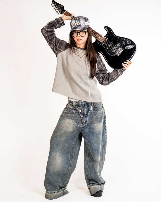 Slub Denim Engineered Baggy Jeans Blue