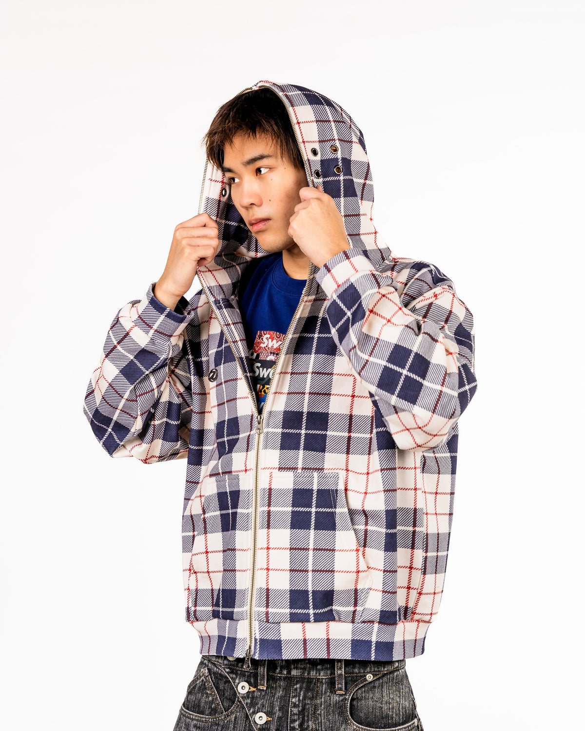 Plaid Full Zip Hoodie White