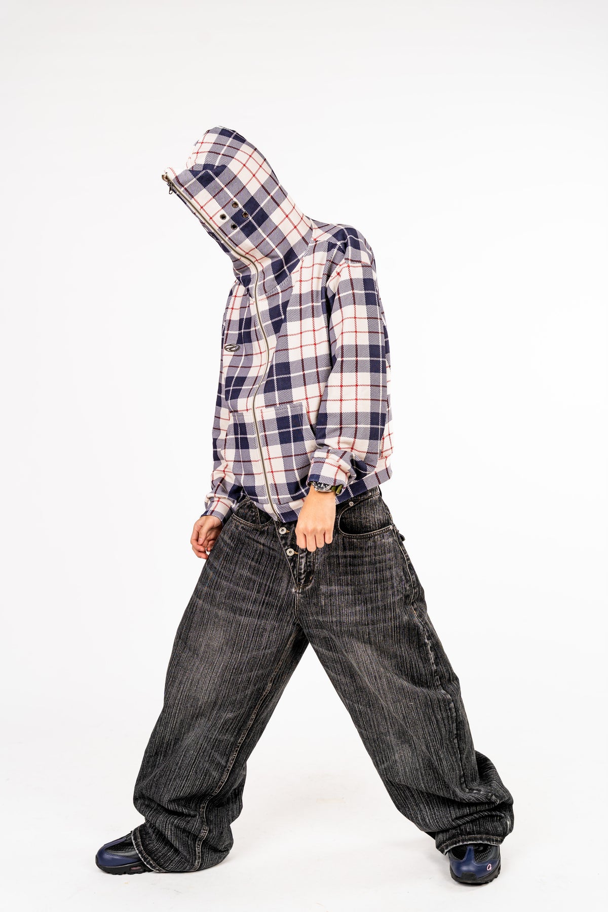 Plaid Full Zip Hoodie White