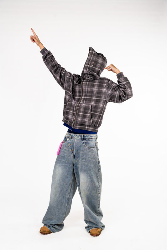 Plaid Full Zip Hoodie Black