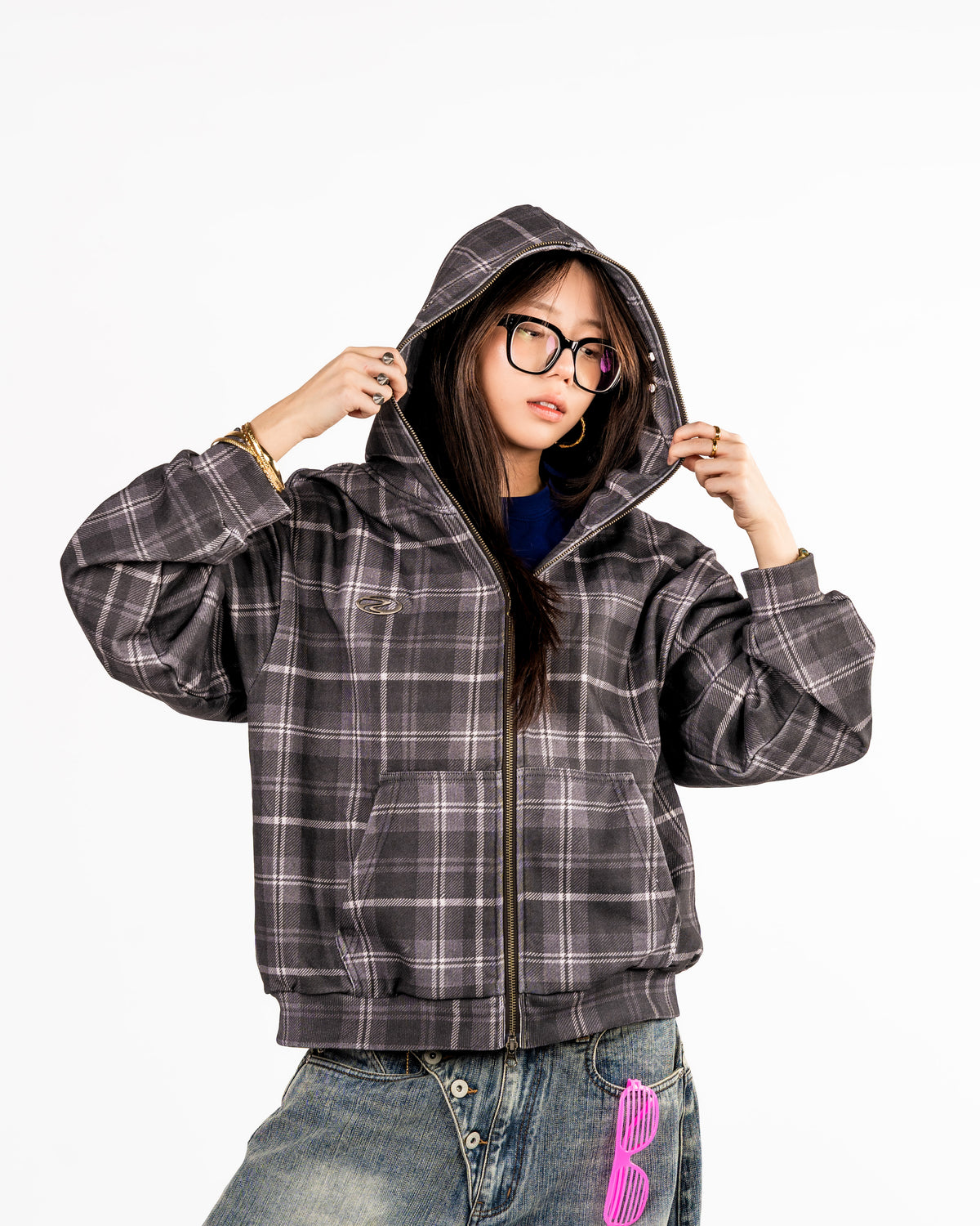 Plaid Full Zip Hoodie Black
