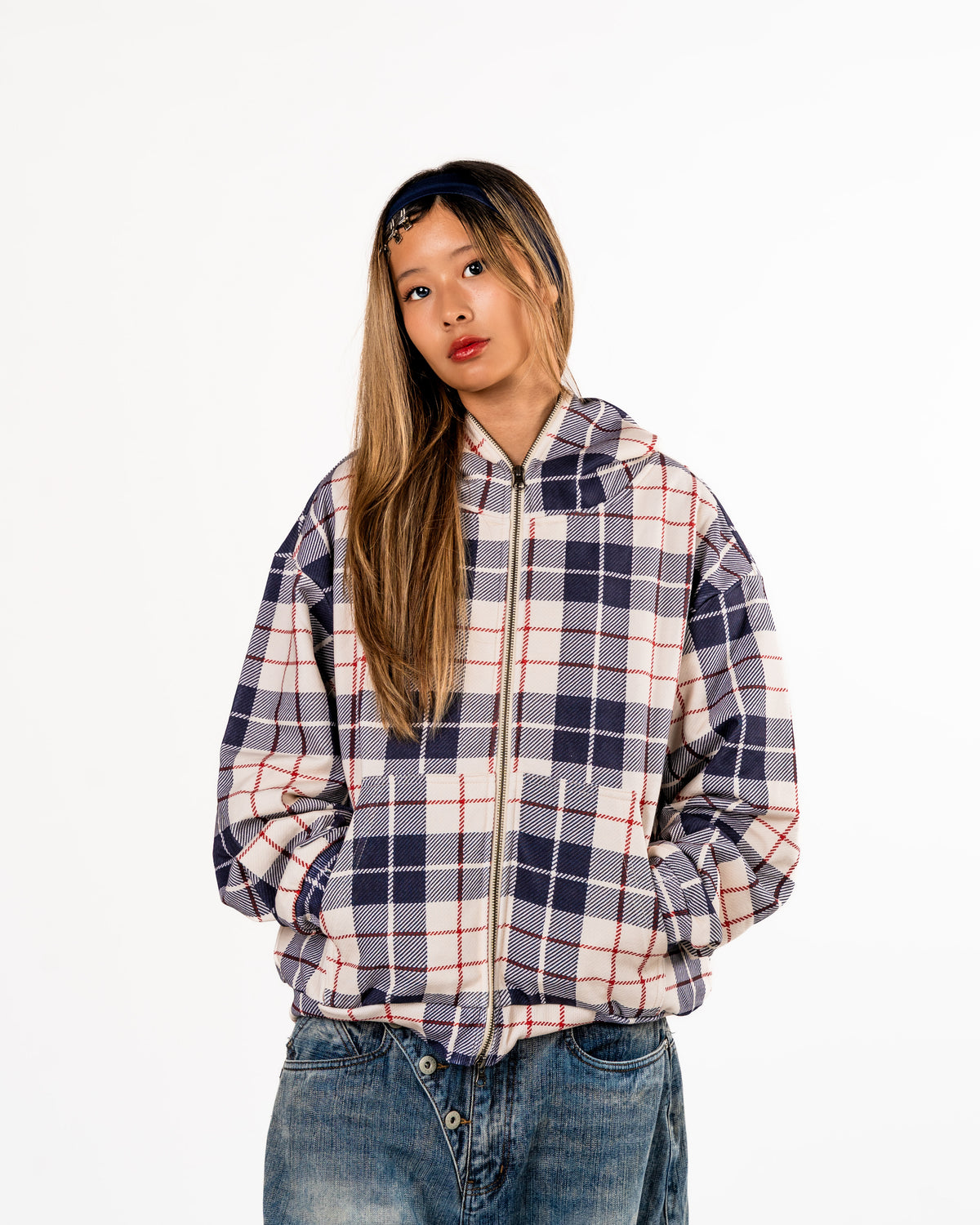 Plaid Full Zip Hoodie White