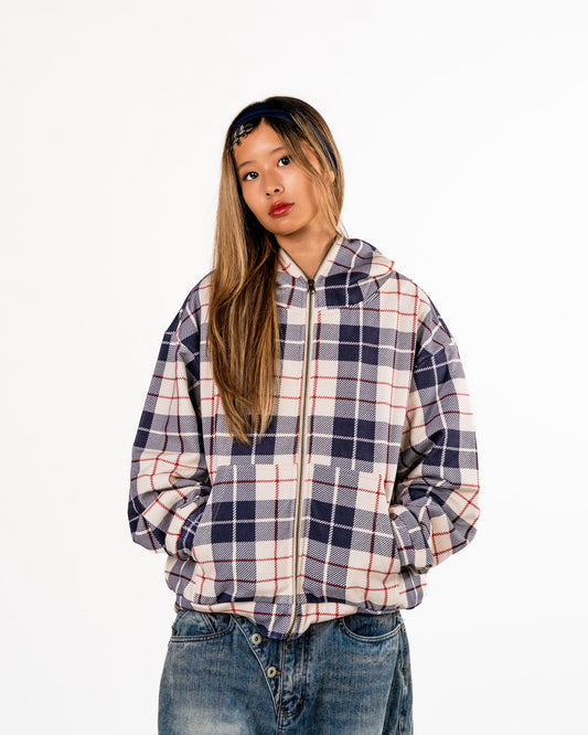 Plaid Full Zip Hoodie White