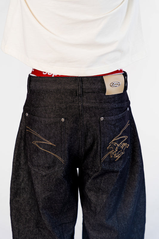 Raw Denim Baggy Jeans "Year of the Horse" Edition - Black