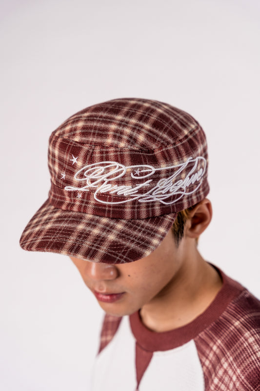 Plaid Embroidered Cadet Cap in Burgundy
