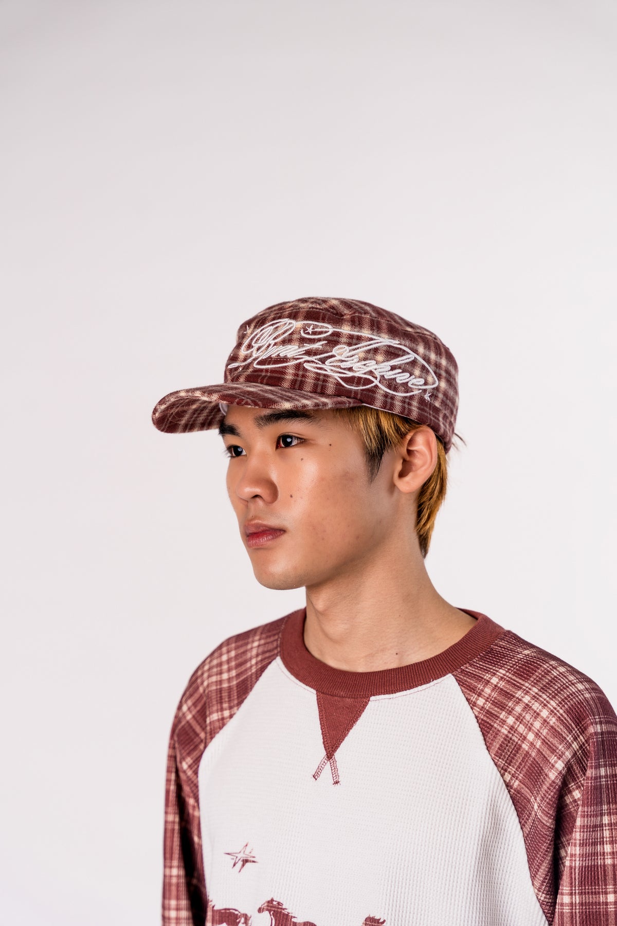 Plaid Embroidered Cadet Cap in Burgundy