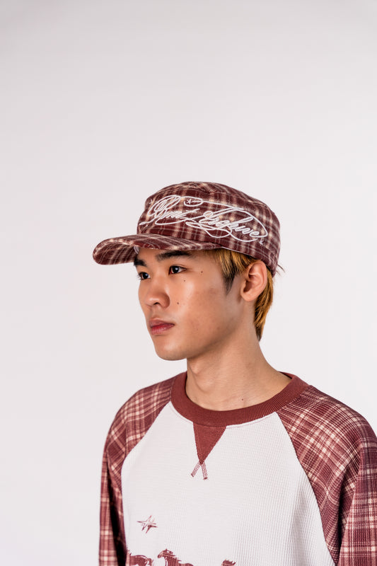 Plaid Embroidered Cadet Cap in Burgundy