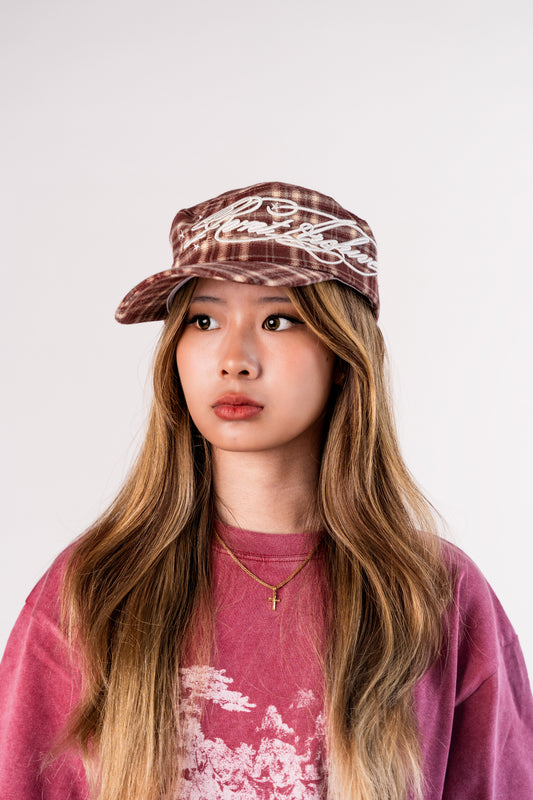 Plaid Embroidered Cadet Cap in Burgundy