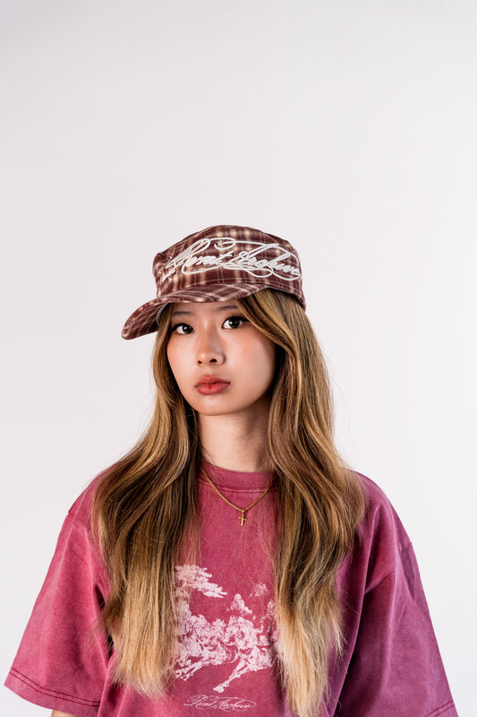Plaid Embroidered Cadet Cap in Burgundy