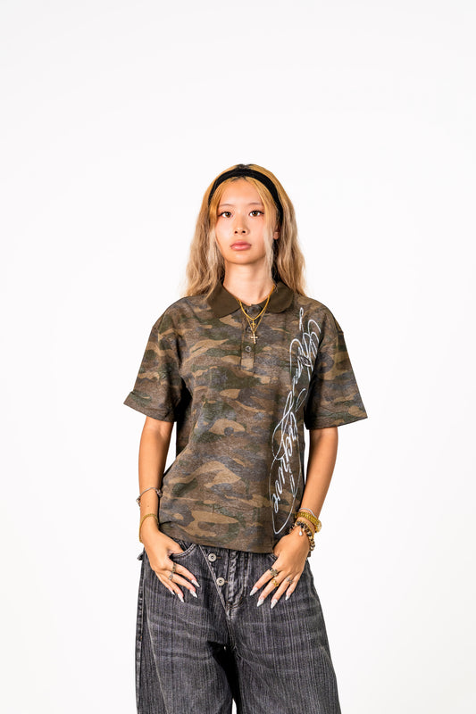 Camo Short Sleeve Washed Polo Green