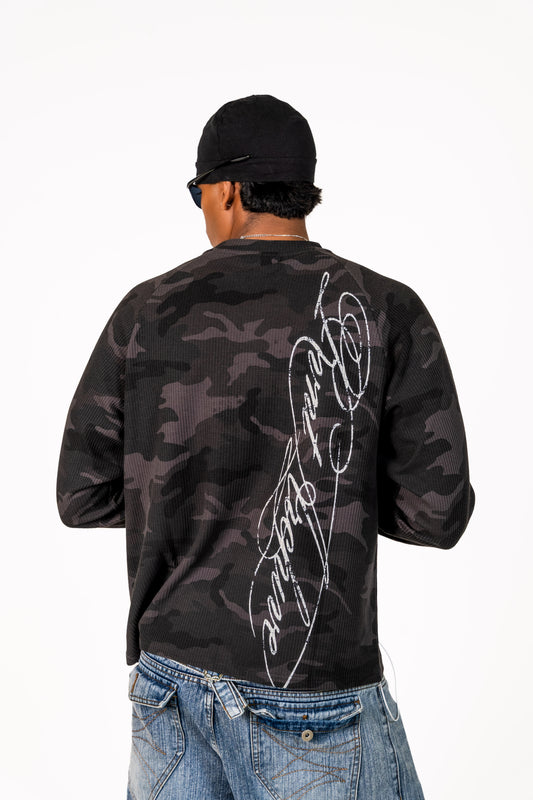 Camo Waffle Knit Long Sleeve Black
