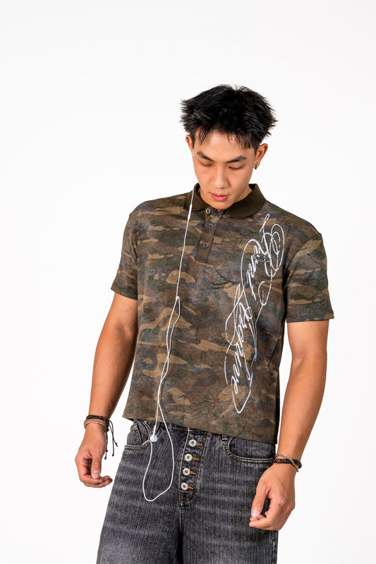 Camo Short Sleeve Washed Polo Green