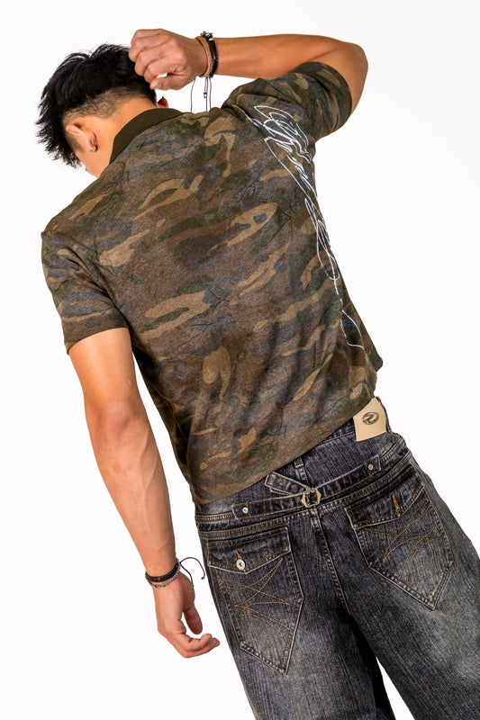 Camo Short Sleeve Washed Polo Green