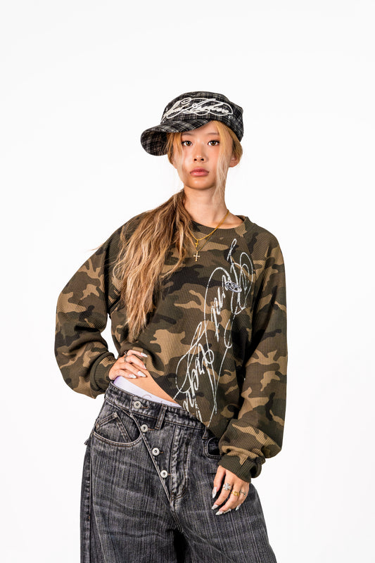 Camo Waffle Knit Long Sleeve Green