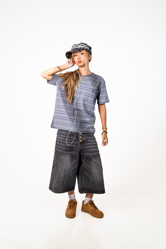 Striped Gradient Washed Short Sleeve Tee Grey