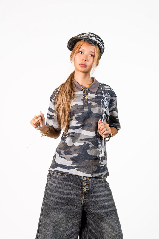 Camo Short Sleeve Washed Polo Grey
