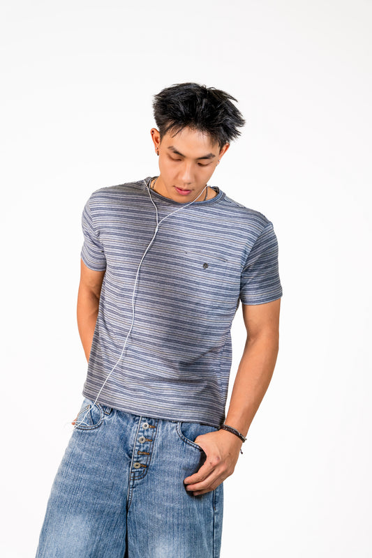 Striped Gradient Washed Short Sleeve Tee Grey