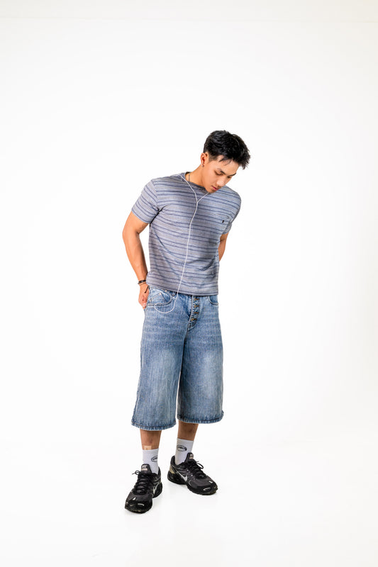Striped Gradient Washed Short Sleeve Tee Grey