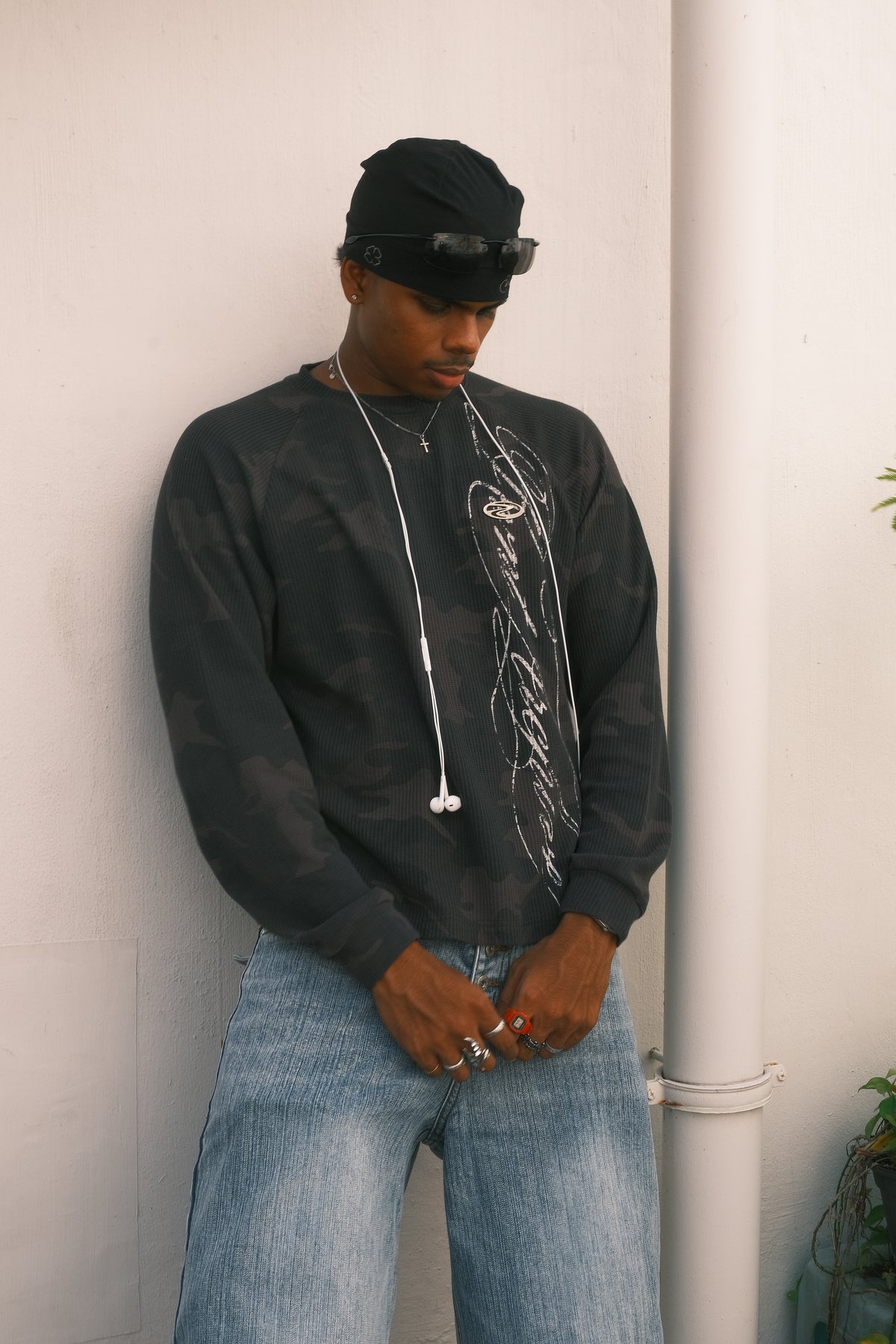 Camo Waffle Knit Long Sleeve Black