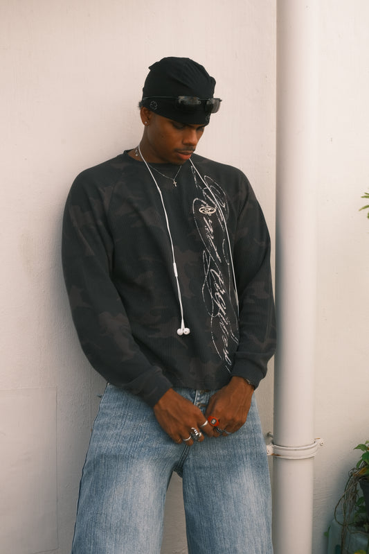 Camo Waffle Knit Long Sleeve Black