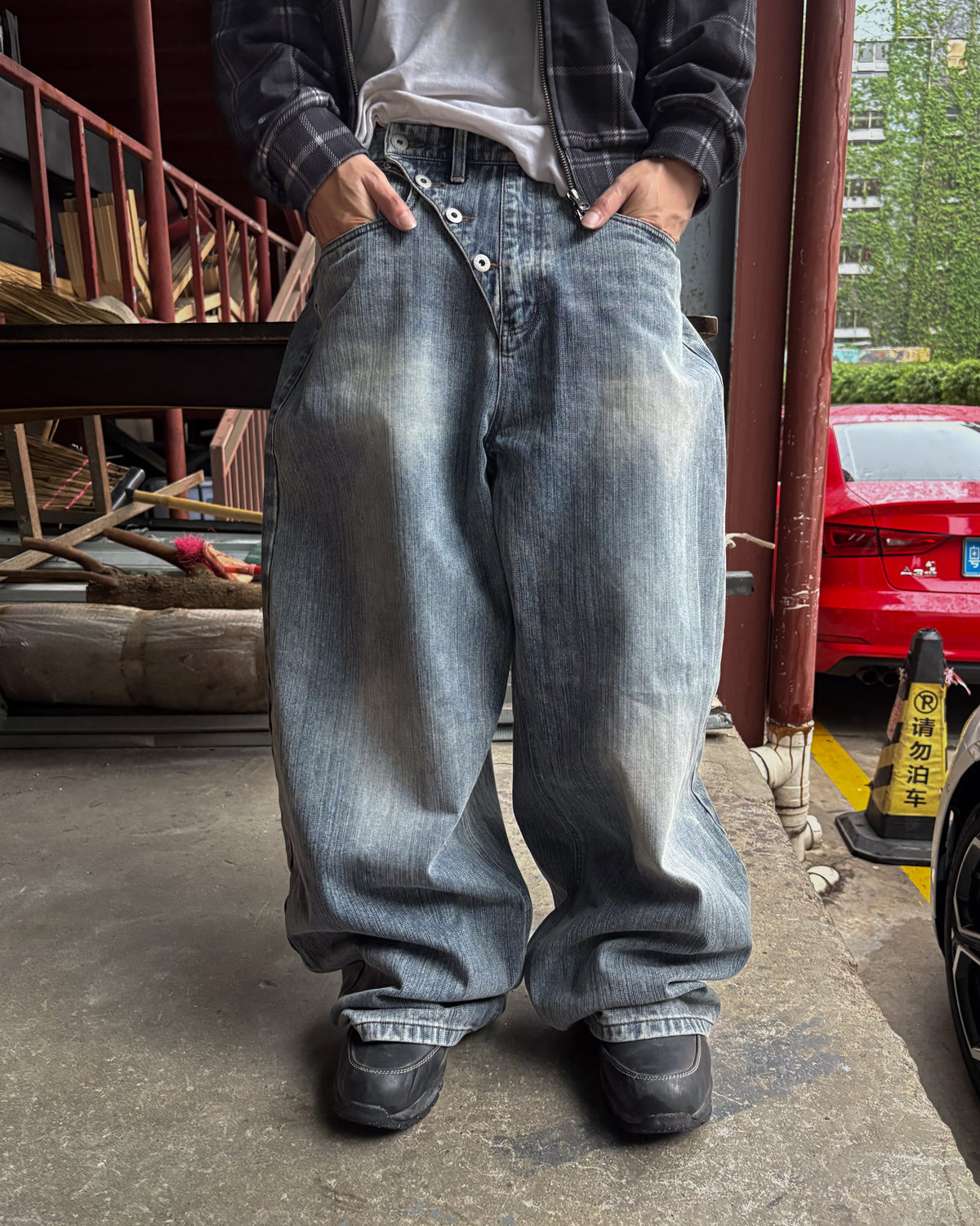 Slub Denim Engineered Baggy Jeans Blue