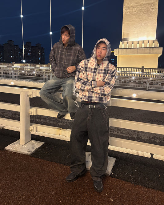 Plaid Full Zip Hoodie White