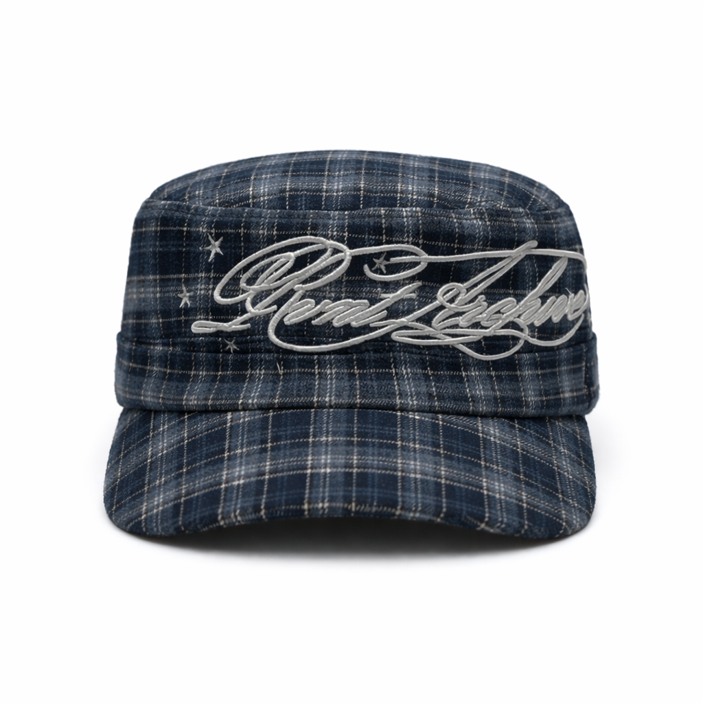 Plaid Embroidered Cadet Cap in Navy Blue