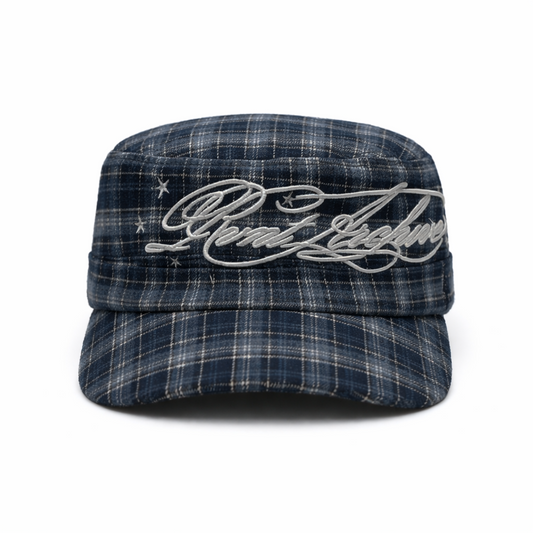 Plaid Embroidered Cadet Cap in Navy Blue