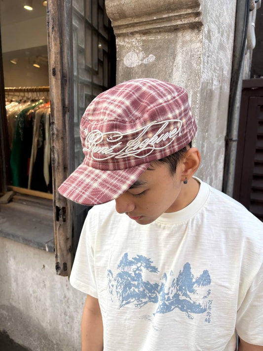 Plaid Embroidered Cadet Cap in Burgundy