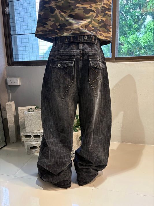Slub Denim Engineered Baggy Jeans Black