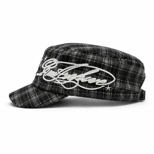 Plaid Embroidered Cadet Cap in Black